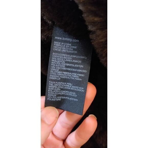 TOMMY HILFIGER FAUX FUR WOOL BLEND COAT SIZE LARGE BLACK BROWN POCKETS - Picture 6 of 8